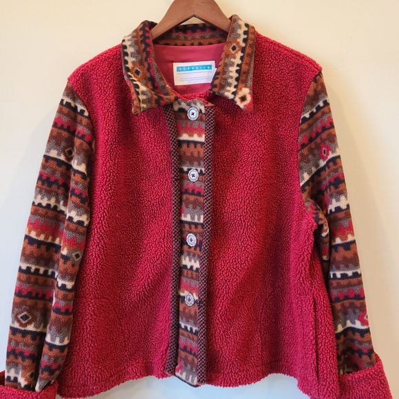 Rare SuzKnits Womens Aztec Fleece Jacket Large Red Merino Wool Southwestern - Picture 2 of 8